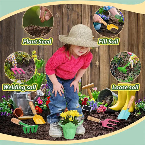 Child gardening with Kids Beach Toy Kit With Scoop Spade Rake Hoe And Leaf Rake Stainless Steel Durable Sandbox Shovel Set.