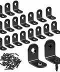 Twenty Piece Heavy Duty Black L Brackets For Wood And Metal Shop Projects Featuring Corrosion Resistant Stainless Steel Build With Countersunk Screws arranged with screws.
