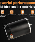 RV hydraulic pump motor, 12V, side view; black metal housing with mounting flange and terminal studs.