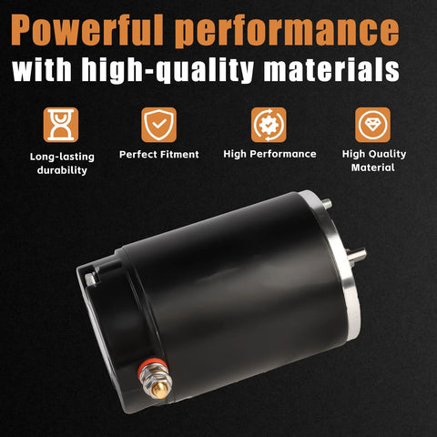 RV hydraulic pump motor, 12V, side view; black metal housing with mounting flange and terminal studs.
