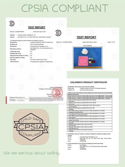 CPSIA compliance certificates and safety report for Kid Friendly Sewing Kit For Beginners, DIY Embroidery Set with animal projects.