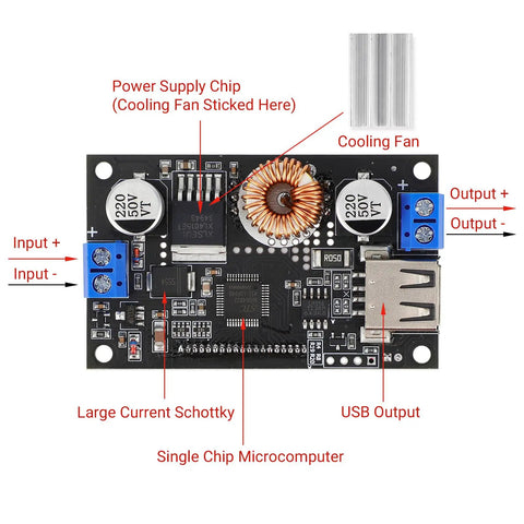 Top view of Dope Buck Converter Power Module Adjustable Voltage Regulator From 6V-32V Down To 1.5-32V Up To 5A, with labeled components.