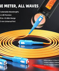 TFN 3-in-1 fiber optic tester with orange fiber cable and blue LC/FC adapters; LCD display visible