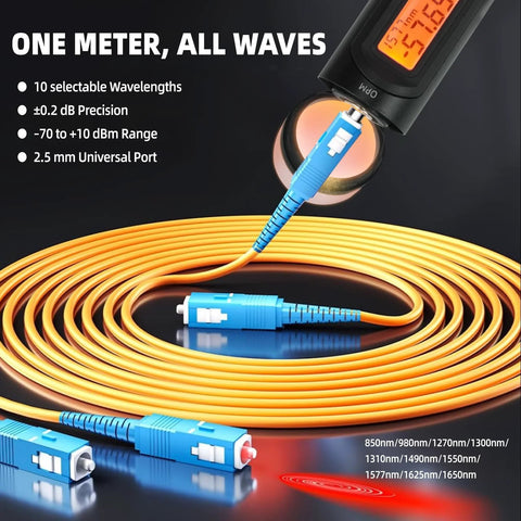 TFN 3-in-1 fiber optic tester with orange fiber cable and blue LC/FC adapters; LCD display visible