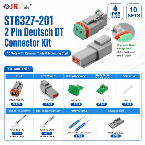 2 Pin Deutsch DT Connector Kit With 10 Sets DT04 2P DT06 2S Size 16 Stamped Contacts For 14-18 AWG Wires With Pin Removal
