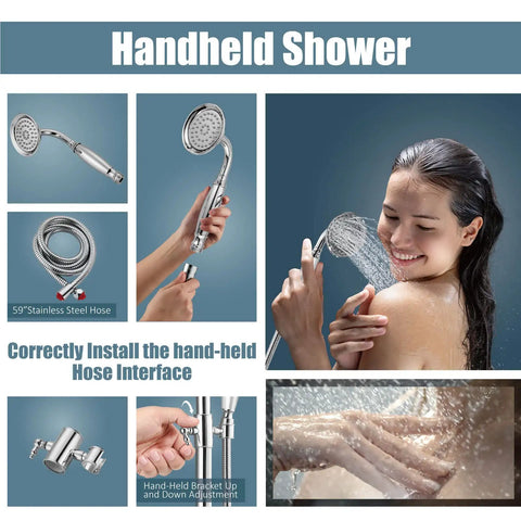 Polished Chrome Shower System With 8 Inch Rainfall Head 12 Inch Extension Tube Handheld Spray Dual Lever Mixer in use