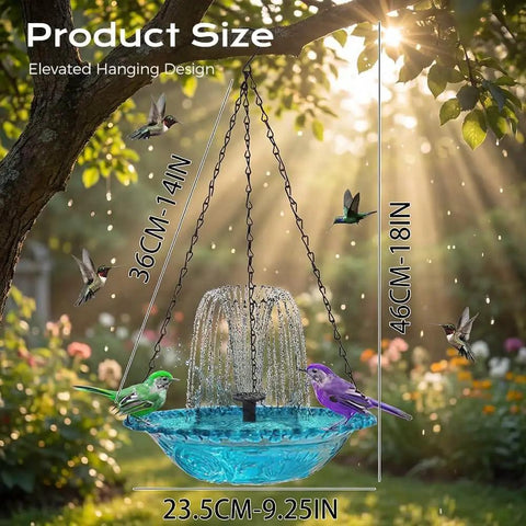 Solar Powered Hanging Bird Bath Fountain With Cascade For Outdoor Gardens No Wires Easy Setup Low Maintenance Blue Color Water Feature To Attract Birds In Your Backyard Or Patio Eco Friendly Sun Powered Backyard Decor in use