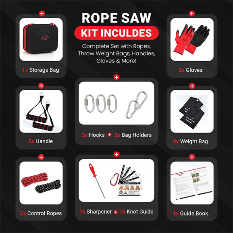 Contents of the 55 Inch High Limb Rope Saw With 360 Rope Chain For Manual Tree Limb Cutting Dual Sided Blades Kit