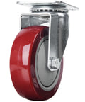 Heavy duty swivel caster set with red polyurethane wheels ideal for workbench and equipment mobility.