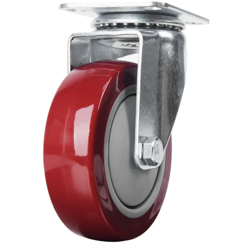 Heavy duty swivel caster set with red polyurethane wheels ideal for workbench and equipment mobility.