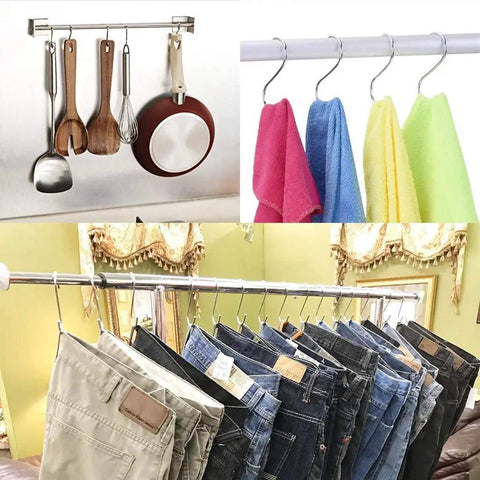 Heavy Duty Stainless Steel S Hooks 2.75 Inch Pack Of 100 For Hanging Pots And Pans, Coffee Cups, Clothes, Plants, Jeans Rust Resistant With Smooth Surface And Up To 22 Lbs Capacity in use for utensils, towels, and jeans in various settings