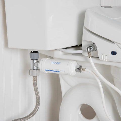 Swash Bidet Filter Premium Carbon Water Filtration System installed with electric bidet seat and bathroom plumbing visible.