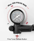 High Pressure Shock Pump 300 Psi With Gauge for MTB Front Fork and Rear Suspension close-up of gauge showing max 300 psi