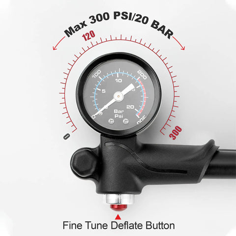 High Pressure Shock Pump 300 Psi With Gauge for MTB Front Fork and Rear Suspension close-up of gauge showing max 300 psi