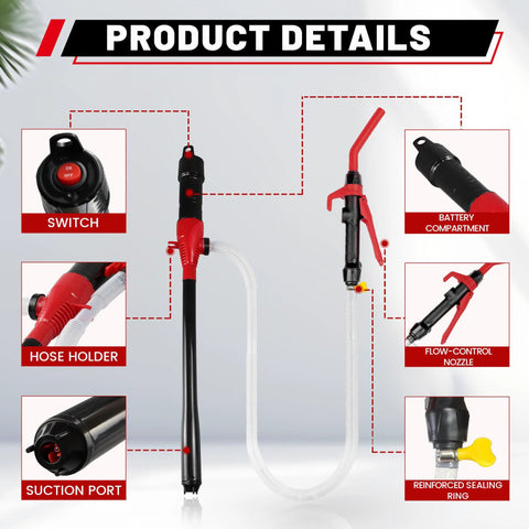 Image of Battery Powered Fuel Transfer Pump Portable Gas Pump With Nozzle Red For Quick Two Point Six GPM Fuel Transfers, showing components.