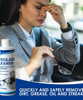 Eyeglass cleaner bottle, white plastic with blue label, ultrasonic cleaning solution (front view)