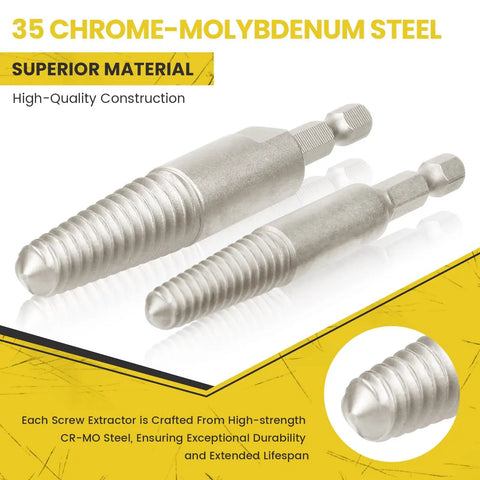 Close-up view of 35 chrome-molybdenum steel screw extractors from 14 Piece Screw Extractor And Left Hand Drill Bit Set For Easy Out Removals.
