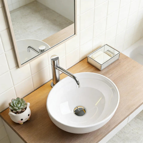 NUESTRA VIDA Overhead Sink Oval Ceramic 16.1 * 13 * 5.5 IN on wooden countertop with faucet and decorative items.