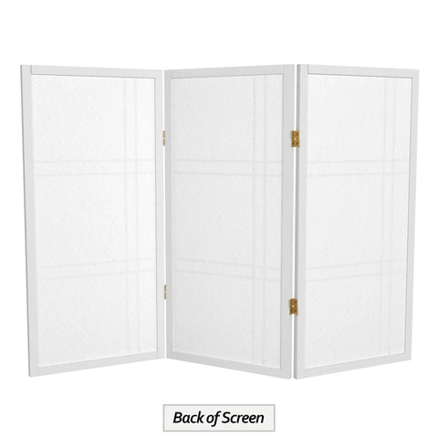 Back view of Portable Three Panel White Shoji Screen With Rice Paper And Spruce Wood Frame Lightweight Folding Room Divider.