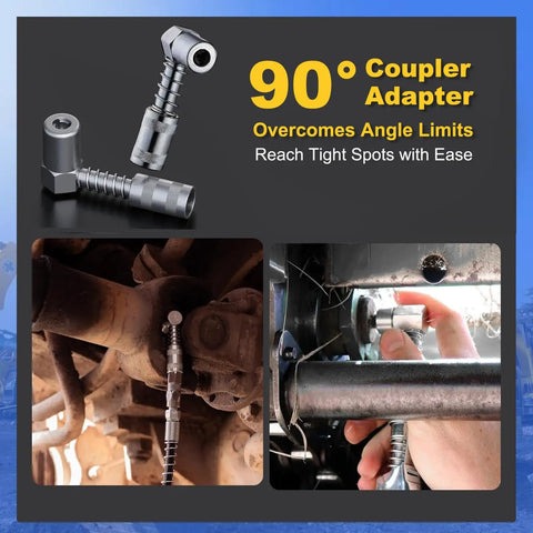 90-degree coupler adapter for Electric Cordless Grease Gun With 10000 PSI High Pressure 39 Inch Hose Variable Speed Trigger