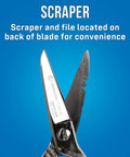 Stainless Steel Electrician Scissors Heavy Duty Cutters With Ergonomic Handles For Pro Wirework And Cable Trimming Built To Last Chrome Vanadium Steel Construction showing scraper and file detail.