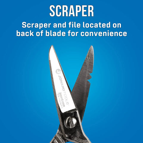 Stainless Steel Electrician Scissors Heavy Duty Cutters With Ergonomic Handles For Pro Wirework And Cable Trimming Built To Last Chrome Vanadium Steel Construction showing scraper and file detail.