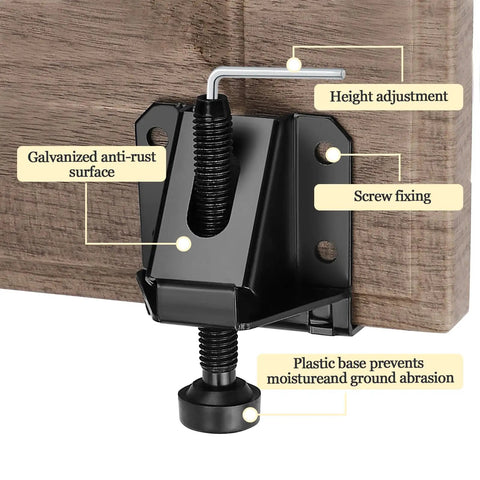 Heavy Duty Adjustable Leveling Feet 4 Pack Galvanized Steel Leg Levelers With L Shaped Brackets 330 Pound Capacity shown with height adjustment feature.