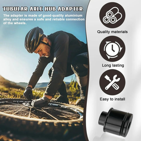 Cyclist adjusting bike wheel with tubular axle hub adapter; quality materials, durable, easy to install.
