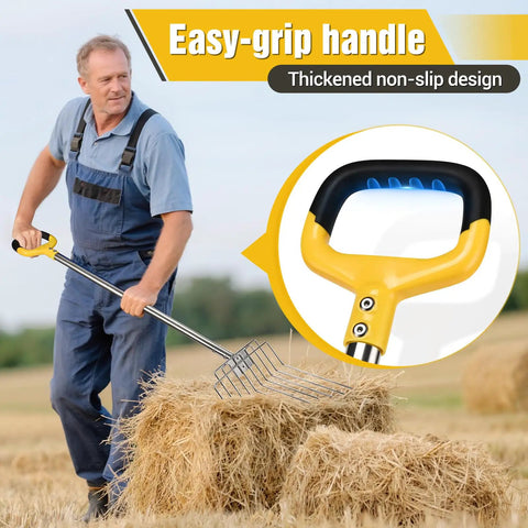 Man using 50 Inch Stainless Steel Garden Pitchfork With 10 Tine Head for spreading hay, focus on easy-grip handle design.