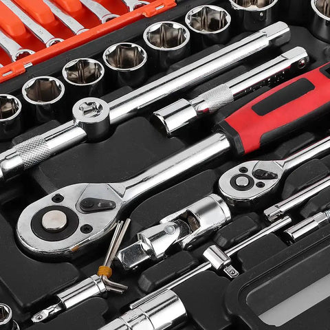 Close-up of Must Have 61 Piece Socket Set With Ratchet Wrench Sleeve Heavy Duty Steel Auto Repair Tool Kit For Car Maintenance And Home DIY