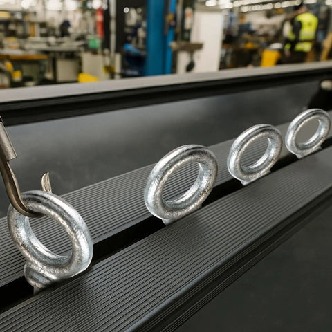 16 Pack Shouldered Eye Bolts With Nuts Half Inch By Six Inch Hot Dip Galvanized Heavy Duty Industrial Lifting Anchoring Hanging For Real World Builds Tough As Nails Construction And DIY Projects. Close-up of galvanized shouldered eye bolts on a bench