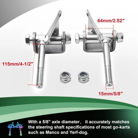 Heavy Duty Go Kart Steering Spindle Bracket Set With Four And A Half Inch Axle And Five Eighth Inch Shaft For Predator 212Cc 196Cc 301Cc 420Cc Six Point Five Hp Thirteen Hp Fifteen Hp Yerf-Dog Manco Azusa Go Kart Parts Built Tough Pro Grade Durable, featuring steel alloy components, two spindle brackets with dimensions labeled
