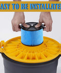 Hands installing Replacement 3 Layer Pleated Vacuum Filter For 3 To 4.5 Gallon Wet Dry Vacuums 2 Pack into vacuum lid