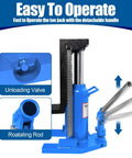 Heavy Duty 20 Ton Hydraulic Toe Jack showing unloading valve and rotating rod for easy operation in textile mills.