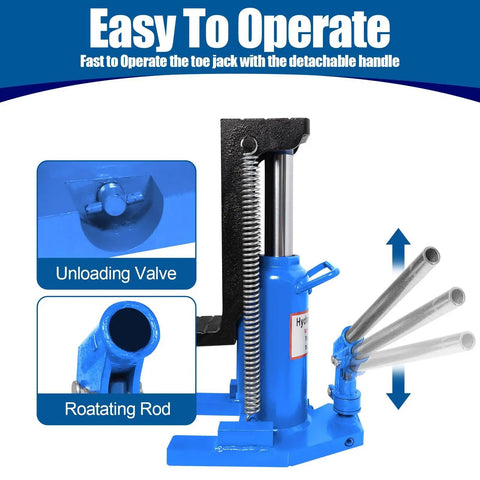 Heavy Duty 20 Ton Hydraulic Toe Jack showing unloading valve and rotating rod for easy operation in textile mills.