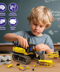 LECPOP 5-in-1 STEM robotics building kit front view: child assembling a yellow RC excavator from 430 pieces