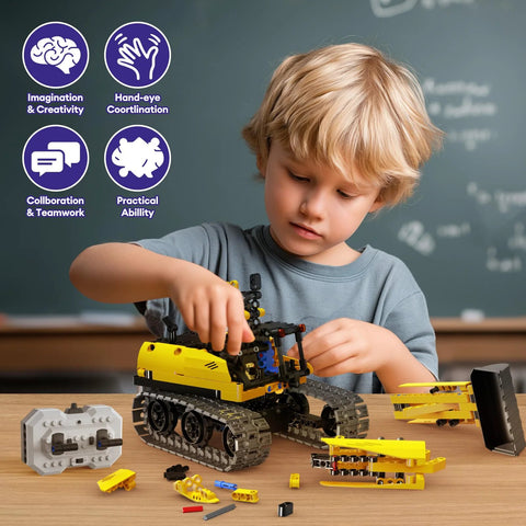 LECPOP 5-in-1 STEM robotics building kit front view: child assembling a yellow RC excavator from 430 pieces