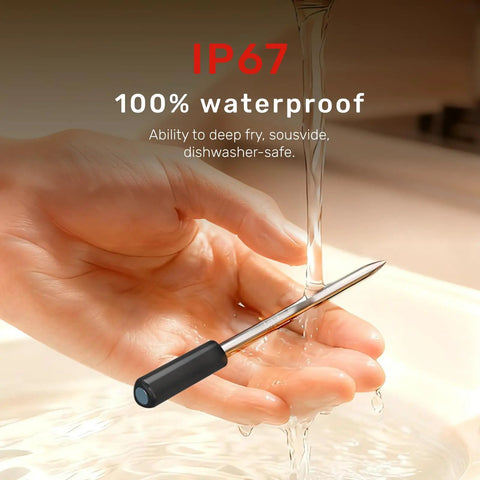 IP67 waterproof probe of WiFi Bluetooth Smart Meat Thermometer With AI Cooking Assistant And App Control displayed under running water