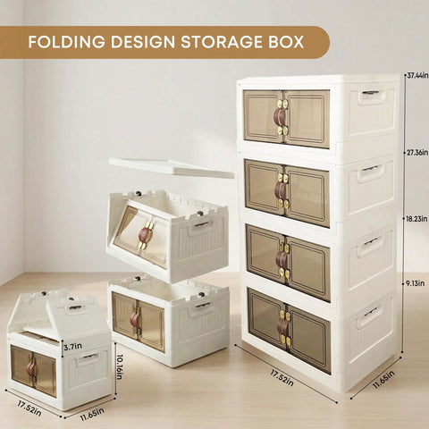 140Qt Stackable Plastic Storage Bins With Lids And Handles, Foldable Closet Organizer With Magnetic Doors And Side Locking, 4-Tier Design