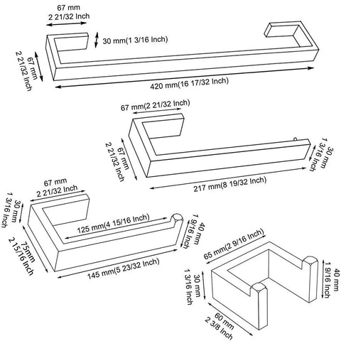 Technical diagram of 4 Piece Bathroom Hardware Set With Stainless Steel Towel Bar Towel Holder Robe Hook And Toilet Paper Holder, dimensions in mm and inches.