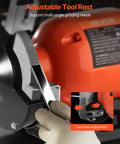 Adjustable tool rest on Badass Six Inch Bench Grinder With 3450 Rpm Single Speed Motor and dual grit grinding wheels.