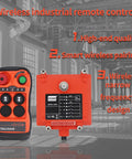 Q200 wireless crane remote control kit with orange 2-button transmitter and matching receiver, emergency stop