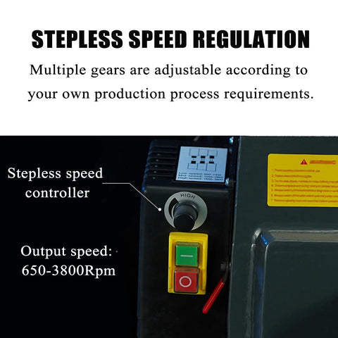 Detail of AOXHUGB Mini Wood Lathe For Jewelry Making And Bead Polishing 3200Rpm Motor showing stepless speed controller and output speed.