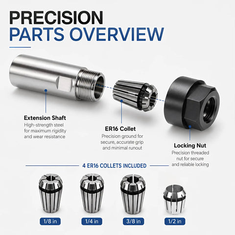 5/8-11 Angle Grinder Extension Shaft Adapter Set With ER16 Collets For Fast Drill Conversion and Versatile Tooling parts overview