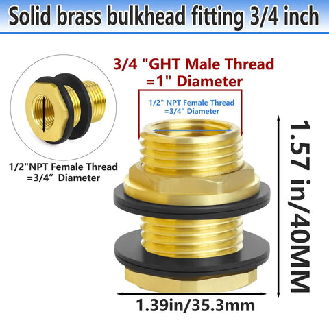 All Brass Garden Hose Bulkhead Fitting With Plug Half Inch Female NPT Three Quarter Inch Male GHT Thread Tank Connector dimensions