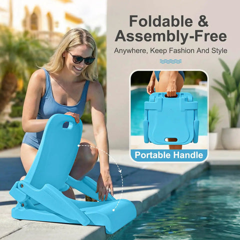 Woman using foldable outdoor poolside chair with armrests and drainage hole portable beach kickback chair blue by poolside