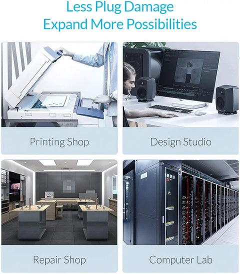 Badass Industrial Grade 30 Port USB Hub Featuring 300W Power Brick And Smart Charging Station shown in various work environments.