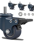 Heavy Duty M8 1.25 Threaded Stem Caster Wheels Set Of 4 1.6 Inch Swivel PU Castors With Locking Brake Blue Small Caster Wheels