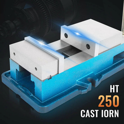 Heavy Duty 4 Inch Lock Down Vise for Milling and Drilling with blue base, HT 250 cast iron, rock solid 4 inch jaw milling vise