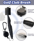 Three In One Golf Gear Kit With Microfiber Waffle Towel Clip, Golf Club Brush Groove Cleaner And Divot Tool With Marker For Men And Women Ideal Gift For Golfers Of All Levels And Ages, featuring a black dual-brush with retractable lanyard, ergonomic grip, and carabiner.